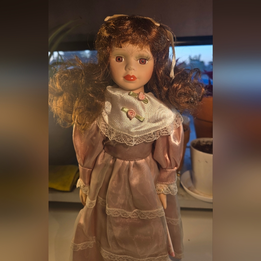 The Rose Collection Sally Porcelain Doll in Pink Dress with Stand